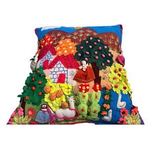 Handmade Peruvian Aspiralla Folk art 3D Embroidered Pillow Whimsical Landscape
